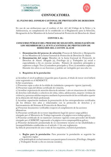 CONVOCATORIA, CONCURSO PÚBLICO DEL PROCESO DE SELECCIÓN, DESIGNACIÓN DE LOS MIEMBROS DE LA JUNTA CANTONAL DE PROTECCIÓN DE DERECHOS DEL CANTÓN ALAUSÍ
